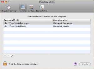 nfs_automount Directory Utility showing two NFS shares to be automounted
